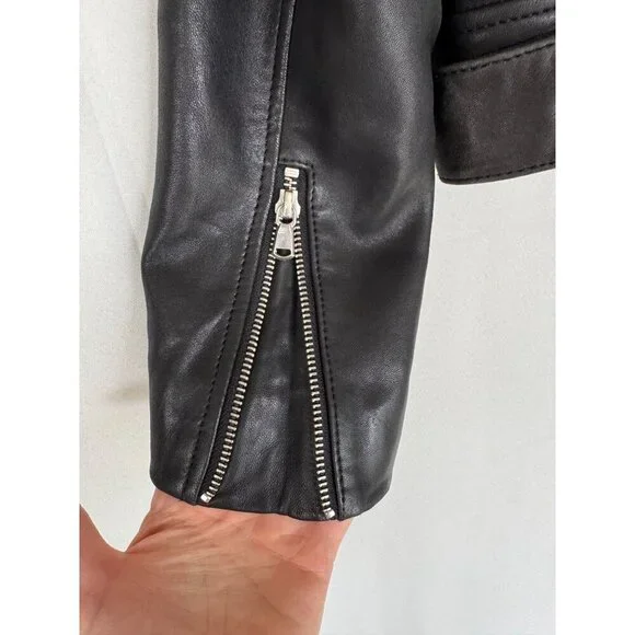 Topshop Black Genuine Leather Silver Hardware Relaxed Oversize Moto Jacket Sz 4